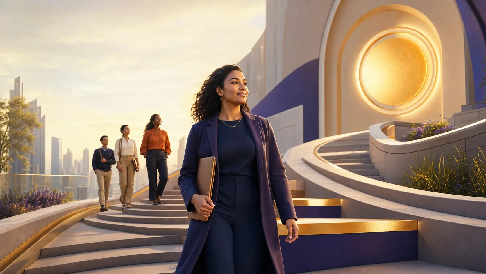 Adult learner reaching a professional milestone on an upward education pathway