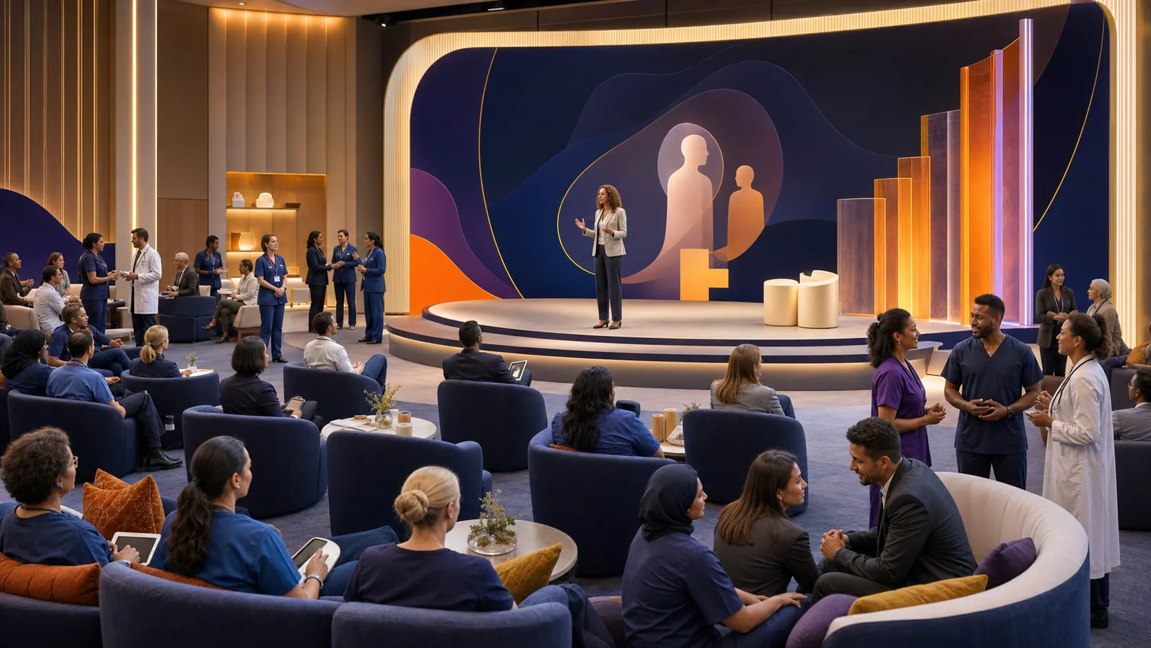 Professionnels de la santé de divers horizons échangeant lors d’un congrès en soins infirmiers