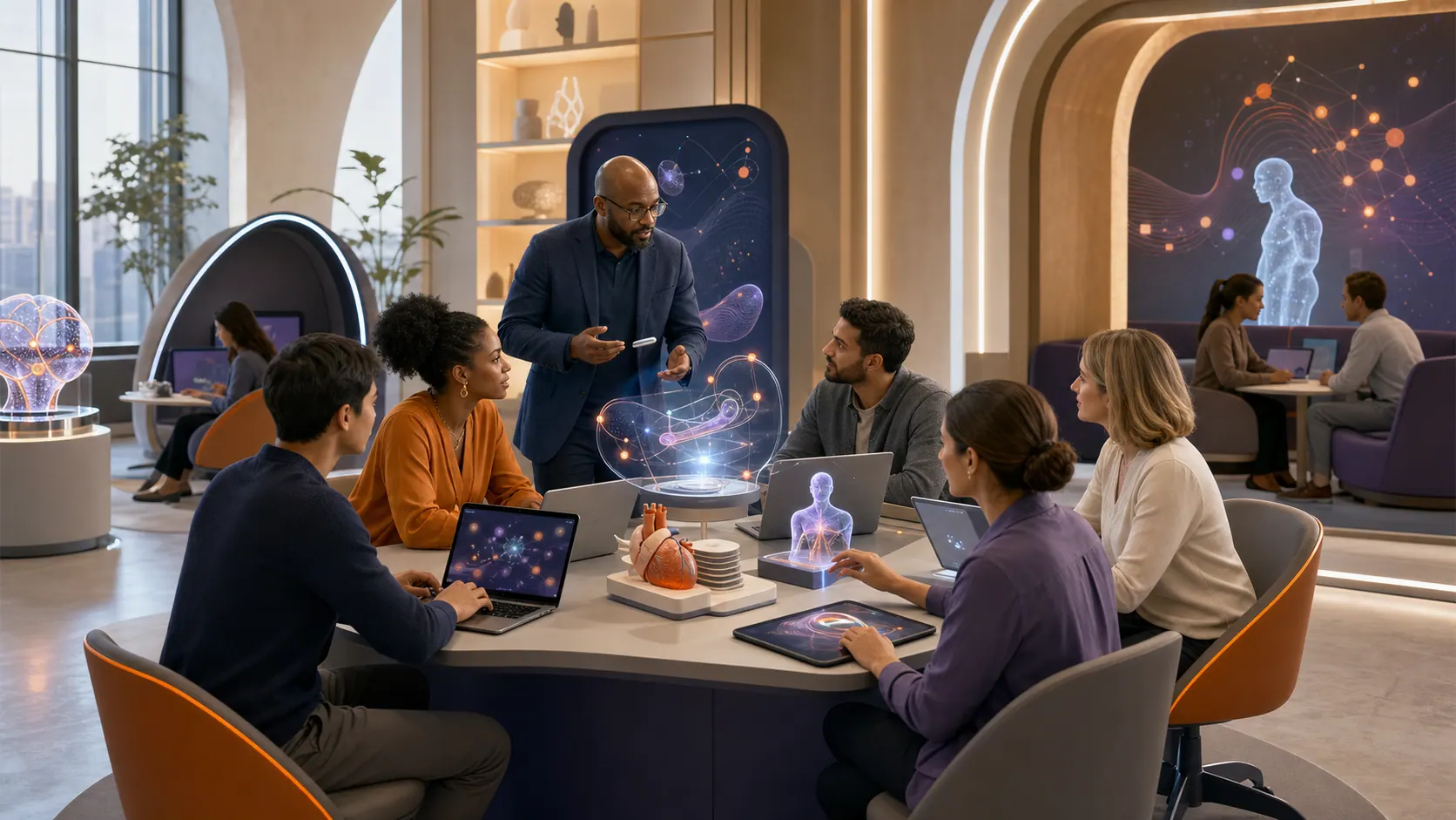Adultes en formation collaborant dans un laboratoire moderne d’intelligence artificielle et de technologie