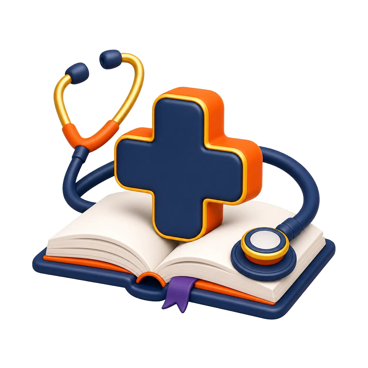 Croix médicale, stéthoscope et livre ouvert représentant la formation en santé