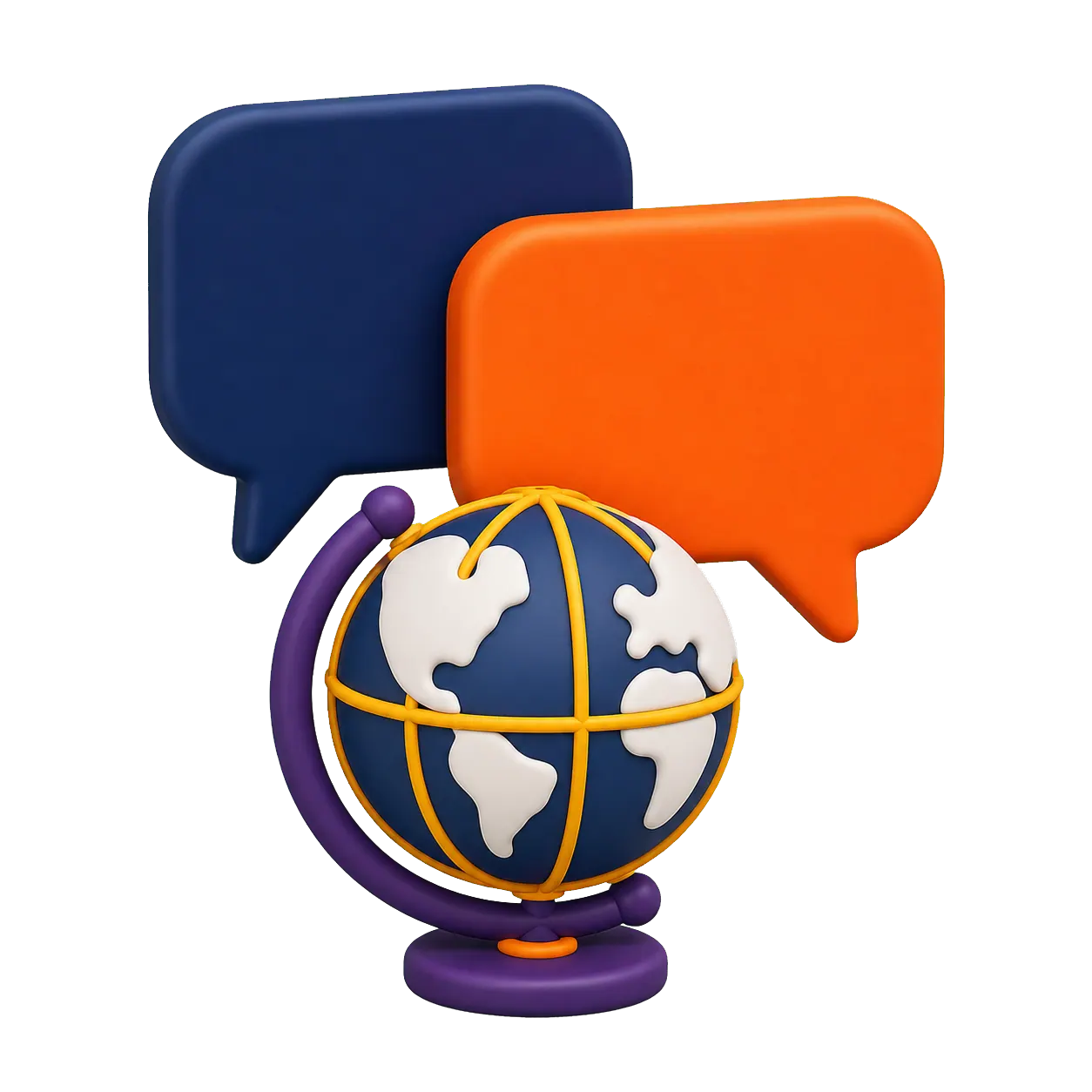 Bulles de dialogue autour d’un globe représentant le soutien étudiant multilingue